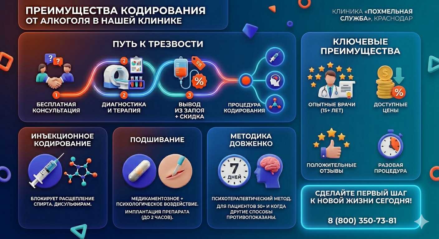 Инфографика о методах кодирования от алкоголя в Отрадной: инъекции, подшивание, метод Довженко. Преимущества клиники и этапы лечения.