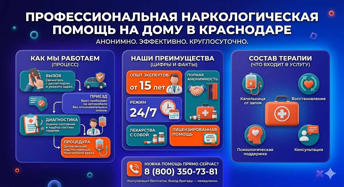 Инфографика о принципах лечения алкоголизма на дому в Отрадной: этапы вызова нарколога, преимущества анонимной детоксикации и состав медицинской помощи.